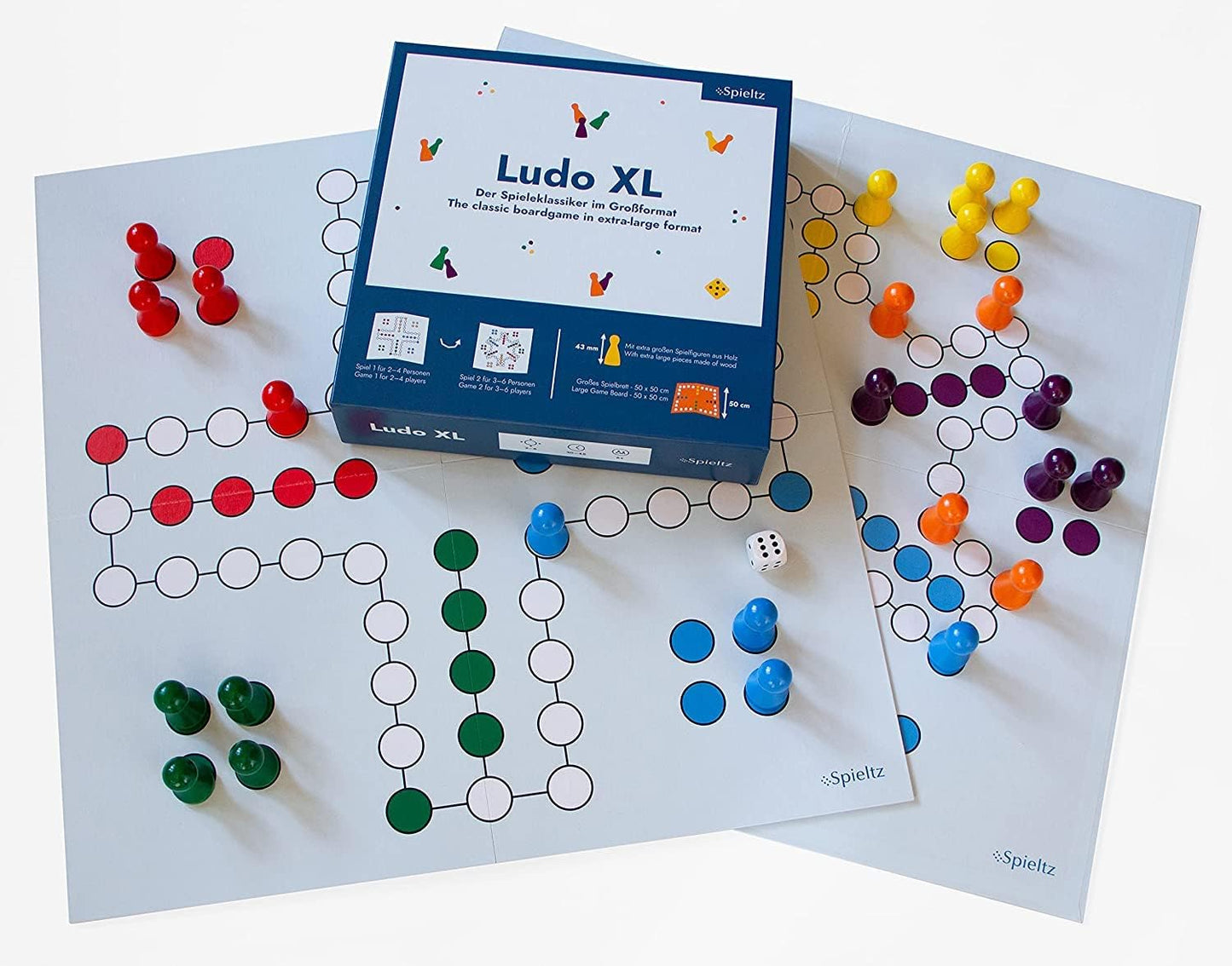 Spieltz Ludo XL Spiel für 2 - 6 Personen (Vorderseite bis 4, Rückseite bis 6 Spieler)